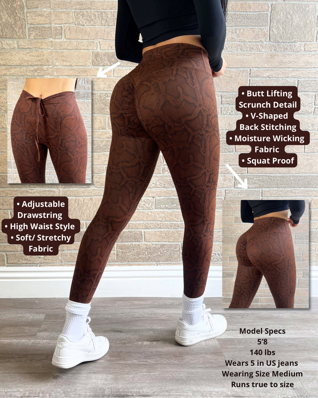 Snake Print Drawstring Leggings (Chocolate)